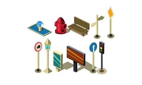 Vector set of isometric city elements. Fire hydrant, bench, traffic lights Stock Illustration