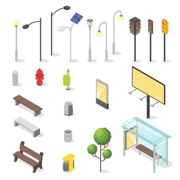 Vector set of isometric city objects. Stock Illustration