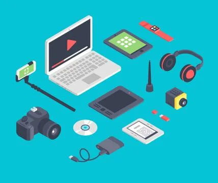 Vector set of isometric designer workplace table devices icons 스톡 일러스트