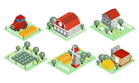 Vector set of isometric farm icons. Wooden barns, tractor, field with harvest イラスト素材