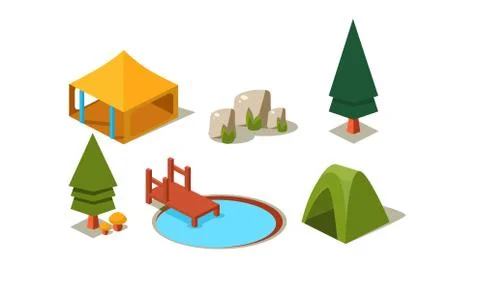 Vector set of isometric forest camping elements. Tents, trees, stones and lake Stock Illustration