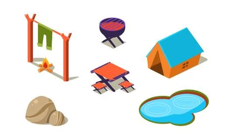 Vector set of isometric icons for camping. Tent, small lake, stones, table and Illustrazione stock
