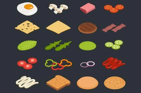 Vector set of isometric icons. Ingredients for burgers and sandwiches. Stock Illustration