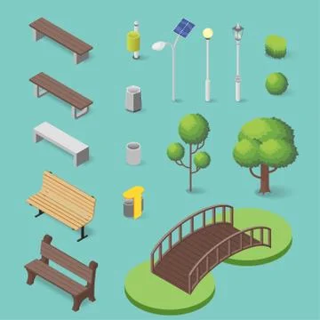 Vector set of isometric park objects: bench, trash box, trees and lamps. Stock Illustration