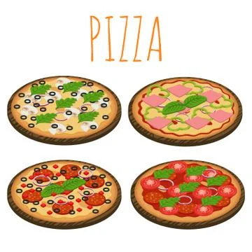 Vector set of isometric pizzas isolated on white background. Stock Illustration