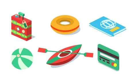 Vector set of isometric travel objects suitcase, inflatable ring, beach ball Stock Illustration