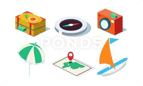 Vector set of isometric travel objects. Yacht, photo camera, beach umbrella Stock Illustration