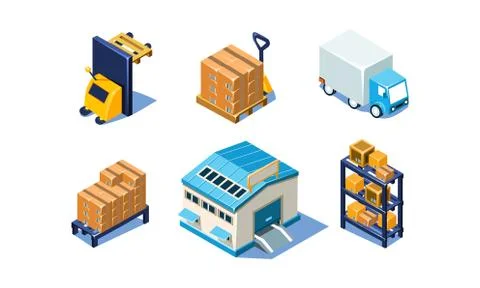 Vector set of isometric warehouse and logistics elements. Storage and Stock Illustration