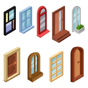 Vector set of isometric windows and entrance doors. Elements for mobile or Stock Illustration