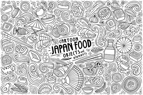 Vector set of Japan food theme items, objects and symbols Ilustração Stock