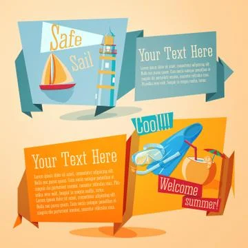 Vector set of jolly summer banners. With yacht, lighthouse, mask and flippers Stock Illustration