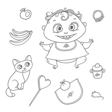 Vector set joyful child and kitten. Chubby funny curly kid with big eyes and cat Stock Illustration