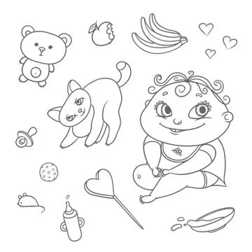 Vector set joyful child and playful kitten. Baby bottle with water or milk Stock Illustration