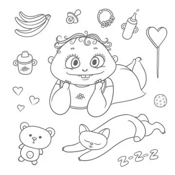Vector set joyful child and sleeping kitten. Baby bottle with water or milk Stock Illustration