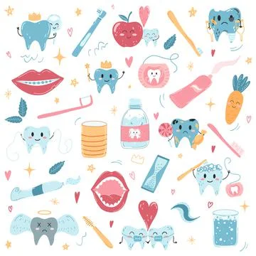 Vector set of kawaii teeth, toothbrushes, toothpaste and dental floss. Teeth  Stock Illustration