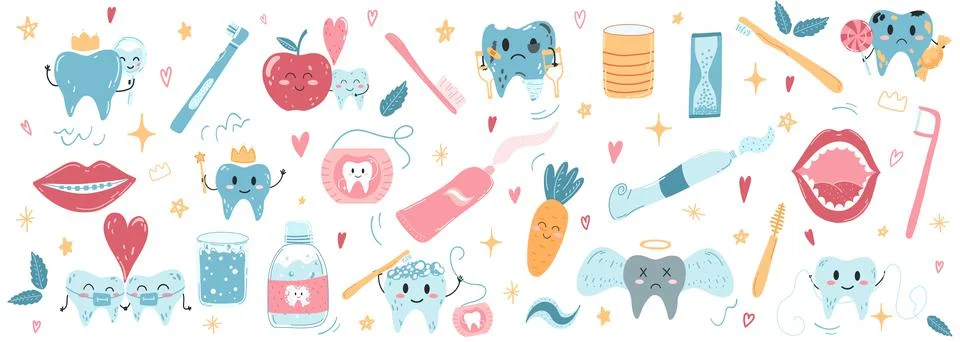 Vector set of kawaii teeth, toothbrushes, toothpaste and dental floss. Teeth  Stockillustratie