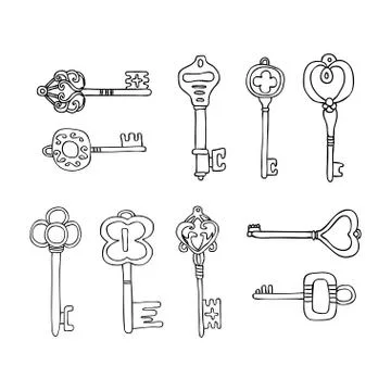 Vector Set of Keys Icons. Modern and Antique Keys. Types of Keys Stock Illustration