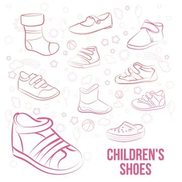 Vector Set of kid&amp;#39;s shoes painted lines Stock Illustration