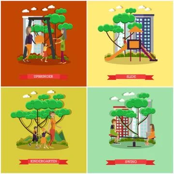 Vector set of kindergarten kids posters in flat style Stock Illustration