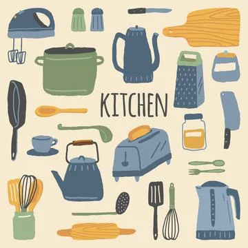 Vector set of kitchen appliances, kitchenware and cookware. Home kitchen 库存插图