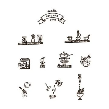 Vector set of kitchen Doodle illustrations. Design collection kitchen cafe Stock Illustration