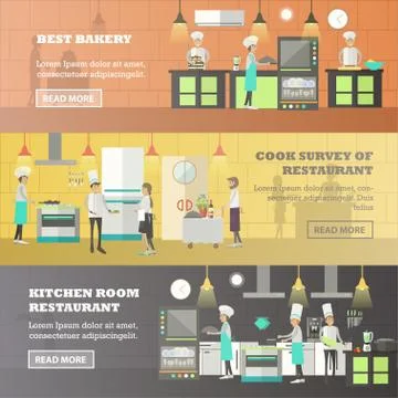 Vector set of kitchen horizontal banners in flat style Stock Illustration