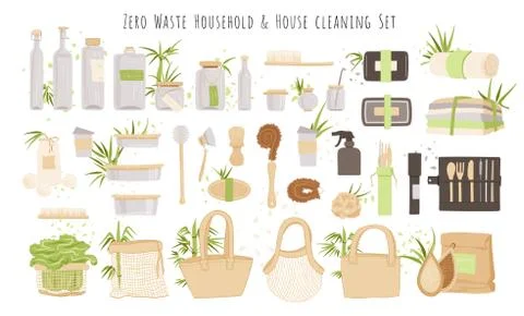 Vector set of kitchen, household and house cleaning Zero Waste Products. Lunch Stock Illustration