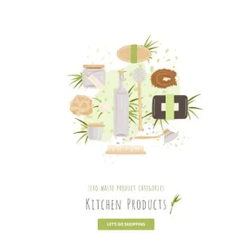 Vector set of kitchen, household and house cleaning Zero Waste Products. Lunch Stock Illustration