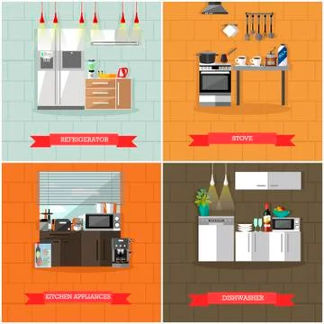 Vector set of kitchen interiors with refrigerator, stove, dishwaser, appliances Stock Illustration