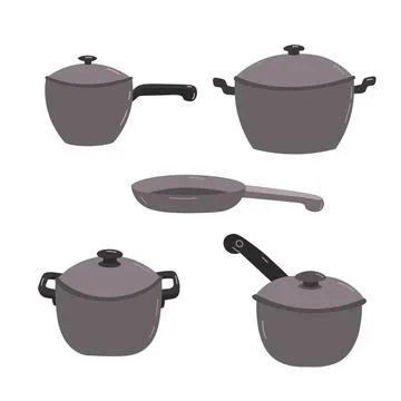 Vector set of kitchen pans with lids. Flat style. Stock Illustration