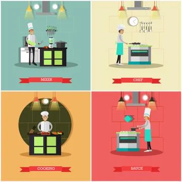 Vector set of kitchen posters, banners in flat style Stock Illustration