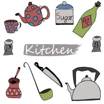 Vector set with kitchen tools on white background. Hand drawn kettle, knife,  Stock Illustration