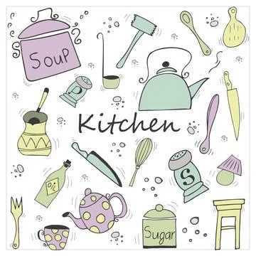 Vector set with kitchen tools on white background. Hand drawn kettle, knife,  Stock Illustration