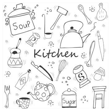 Vector set with kitchen tools on white background. Hand drawn kettle, knife,  Stock Illustration