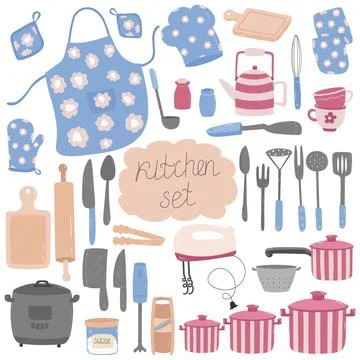 Vector set of kitchen utensils. Kitchen tools on a white background. Stock Illustration