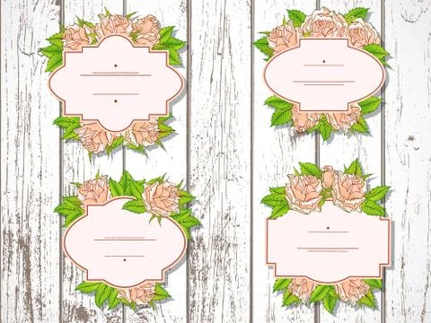 Vector set of labels with hand drawn roses and leaves. Stock Illustration