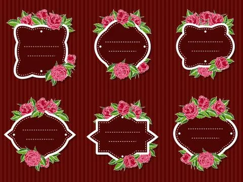 Vector set of labels with hand drawn roses and leaves. Stock Illustration