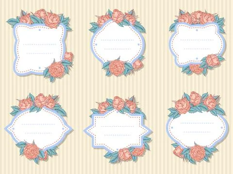 Vector set of labels with hand drawn roses and leaves. Stock Illustration