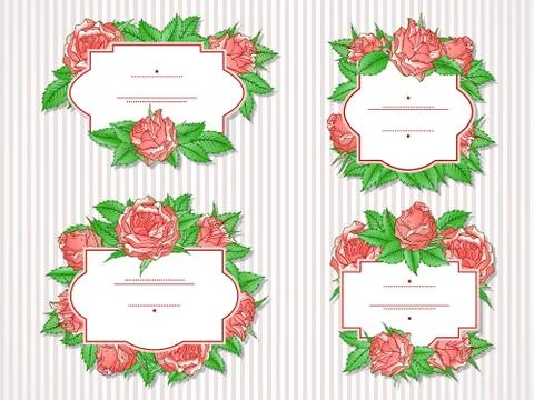 Vector set of labels with hand drawn roses and leaves. Stock Illustration