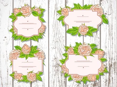 Vector set of labels with hand drawn roses and leaves. Stock Illustration