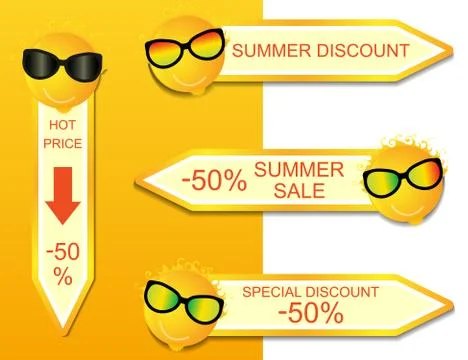 Vector set of labels with sunny summer discounts. Illustration