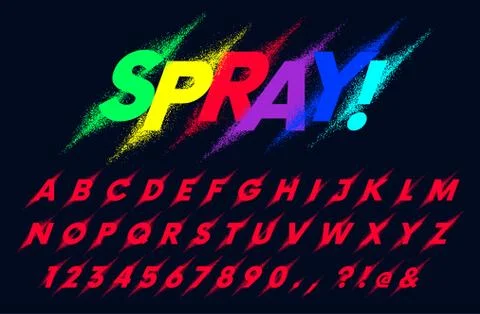 Vector set of latin alphabet, spray paint particles dots and ink splashes, de Stock Illustration