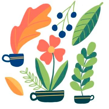 Vector set of leaves, flowers, twigs on a white background, flat style for Illustrazione stock