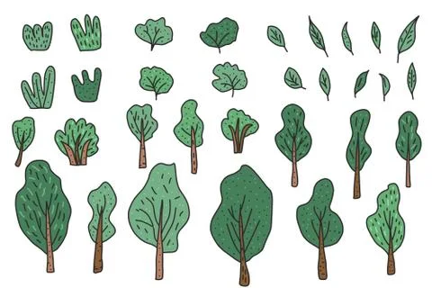 Vector set of leaves, trees and bushes.  Collection of doodle  style elements Stock-Illustration