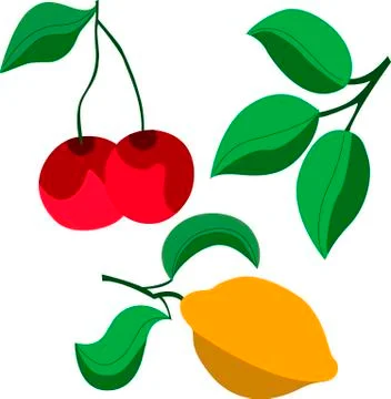 Vector set of lemon, cherries and leaves on a white background, in a flat style Stock Illustration