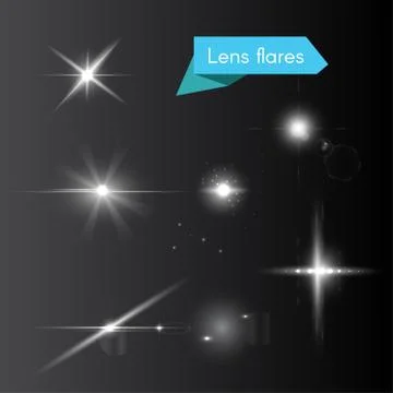 Vector set of lens flares and glowing white flash elements Stock Illustration