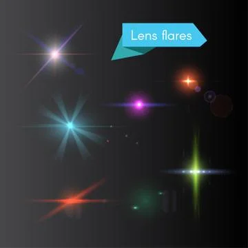 Vector set of lens flares and glowing colorful flash elements Stock Illustration