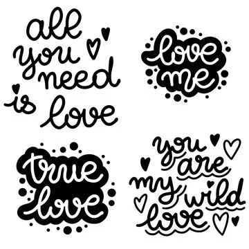 Vector set of lettering about love. Valentines Day. Black and white lettering. Stock Illustration