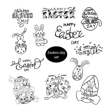 Vector set lettering and sweet rabbits, bunny in egg Happy Easters day black and Stock Illustration
