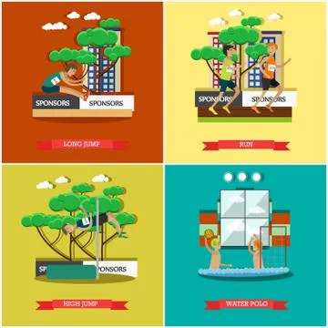 Vector set of light athletics and aquatics concept flat posters Stock Illustration
